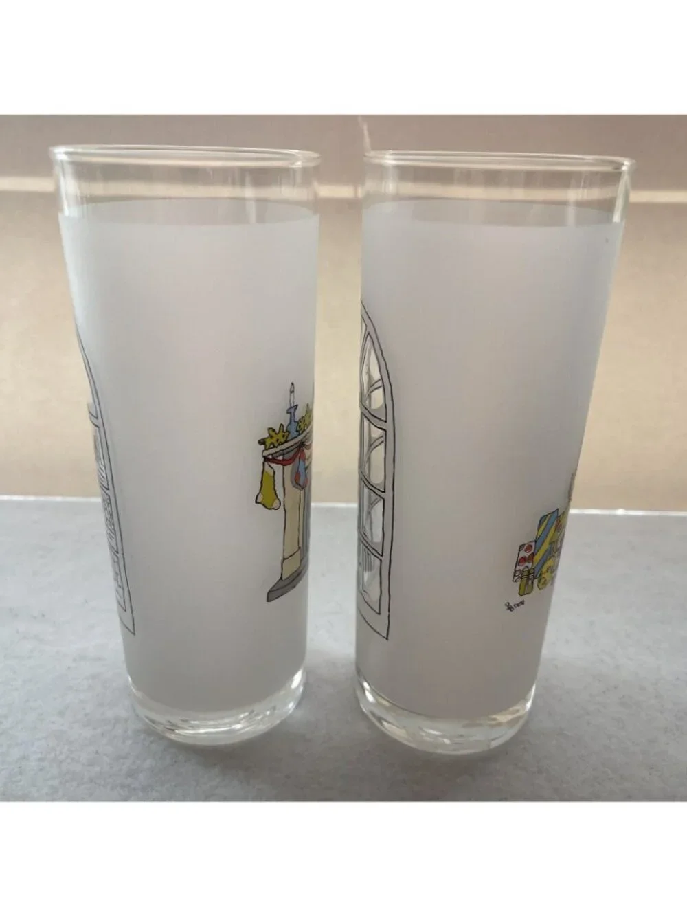 Christmas Frosted Highball Tumblers Window Scene Glasses Set Portugal Vintage